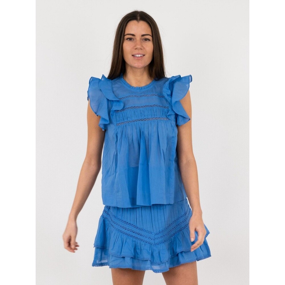 Neo Noir Greta S Voile Blouse Tank Top Ruffle Lace Blue Cotton XL 40 NEW 277893